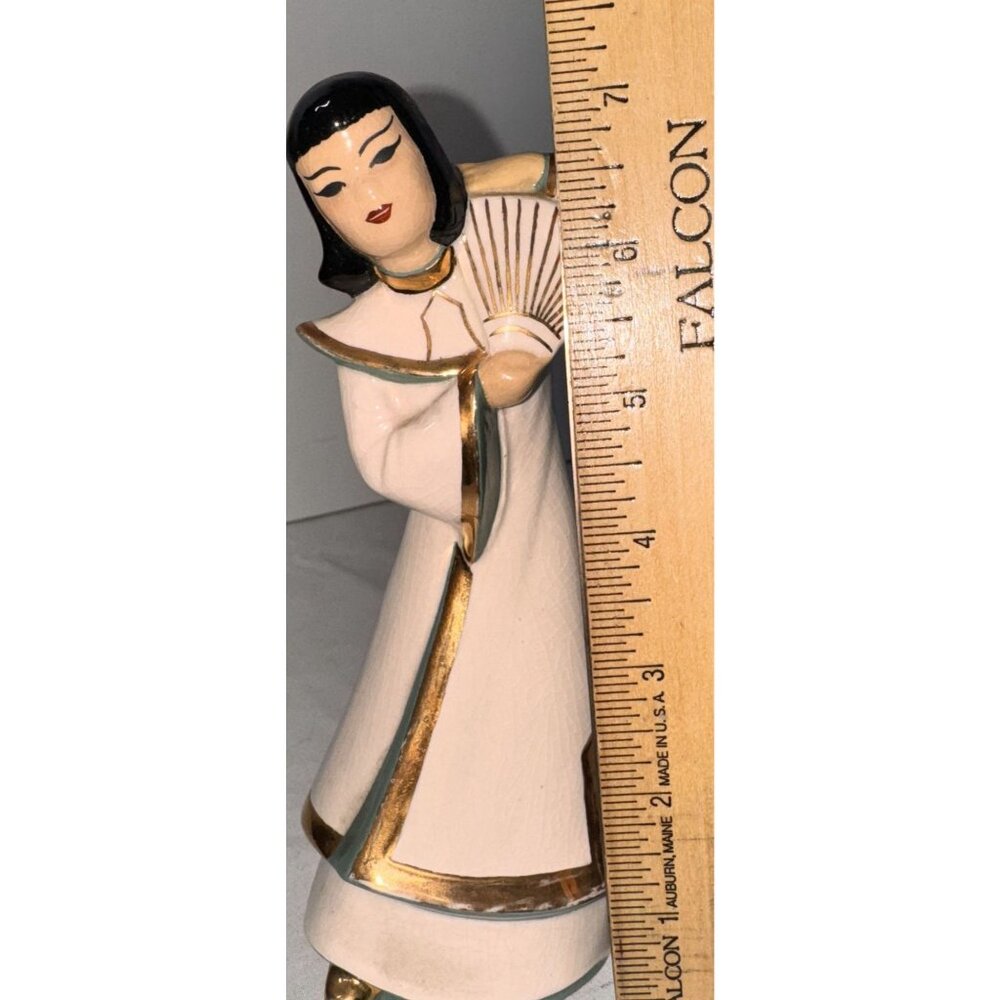 Vintage 1949 Kliene Co Ceramic Figurine asian Woman Holding Fan Gold Accents - Picture 5 of 6